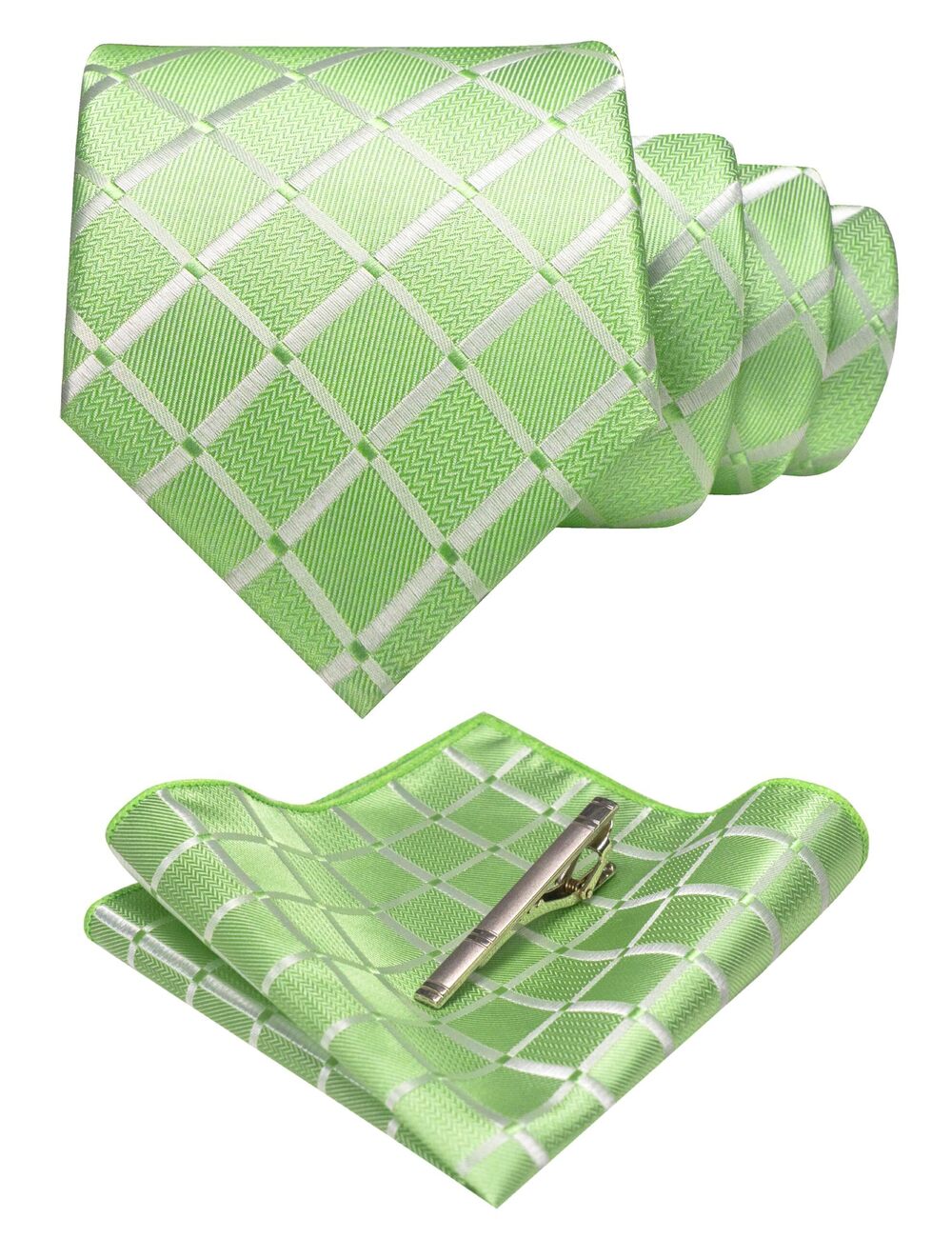 6028 Sage Green Plaid Tie and Pocket Square with Tie Clip Sets26
